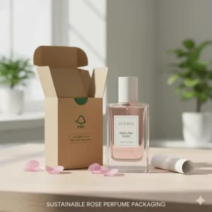 Recyclable glass bottle and FSC-certified cardboard packaging for a British eco-conscious brand.