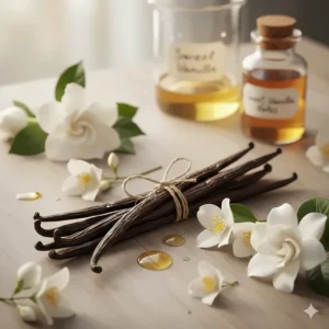Fresh vanilla pods and white flowers representing the sweet gourmand notes found in women's perfumes under £50.