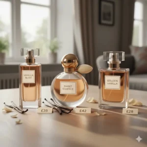 Three different bottles of vanilla-based eau de toilette side-by-side, showcasing variety within a £50 budget.