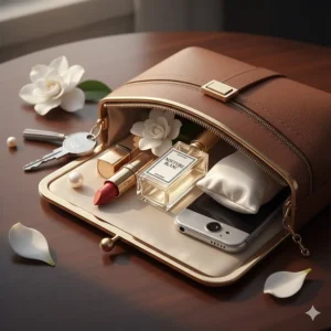 A luxury leather clutch bag containing a bottle of white floral perfume, lipstick, and keys, ready for a night out in the UK.