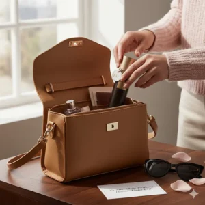 A woman placing a small rose perfume bottle into a leather handbag, showing portable options under £50.