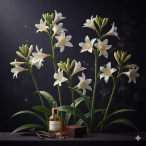 A photorealistic depiction of tuberose flowers and essential oil, representing the heady heart of an evening floral fragrance.