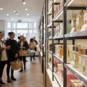 A blurred background of a British high-street beauty shop shelf, showcasing accessible fragrance options for shoppers on a budget.