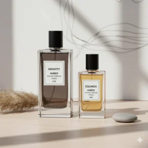 Minimalist perfume packaging for a unisex amber scent that costs less than £45, suitable for all genders.