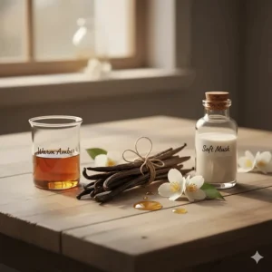 Artistic illustration of vanilla beans mixed with amber and musk, common in perfumes under £50.