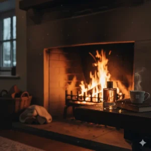 A bottle of warm vanilla perfume on a wooden coffee table next to a roaring open fire and a steaming mug of tea.