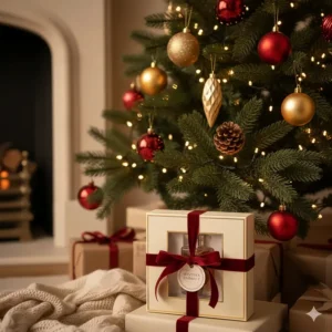 A beautifully wrapped vanilla perfume gift set under a decorated Christmas tree with warm lighting.