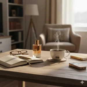 A vanilla perfume bottle on a wooden desk next to an open notebook, a gold pen, and a cup of British tea.