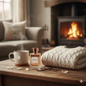 A bottle of vanilla perfume next to a woolly jumper and a cup of tea, emphasising its appeal for the UK's colder months.