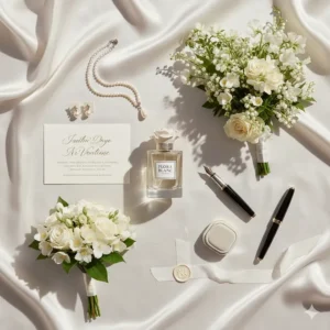 A wedding day flat lay including a white floral fragrance, pearl jewellery, and a calligraphy invitation card.