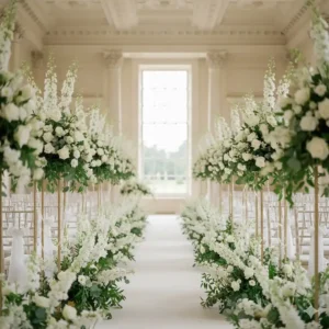 Luxury white floral arrangements lining the aisle of a British stately home wedding venue.