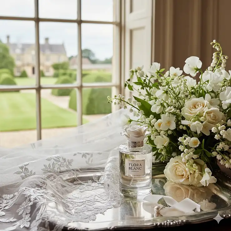A luxury bottle of white floral perfume for weddings placed on a silver tray next to a lace bridal veil and a bouquet of lily of white floral perfume for weddingsthe valley.