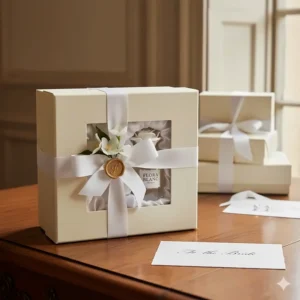 A beautifully gift-wrapped bottle of white floral perfume intended as a luxury wedding gift for a UK bride.