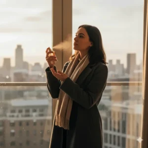 A woman in a charcoal wool coat applying vanilla perfume before a winter evening out with a city skyline at sunset.