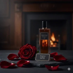 Deep red roses against a dark background, representing evening-appropriate woody rose perfumes for women.