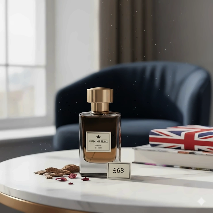 A luxurious bottle of oud perfume displayed on a marble vanity, representing the best affordable oud fragrance under £70 available in the UK. affordable oud fragrance under £70