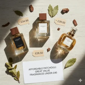 A flat-lay of three different patchouli perfumes with price tags under £40, showing affordable luxury options for the British market.