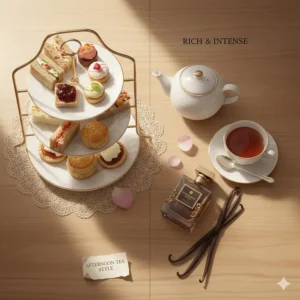 A sophisticated British afternoon tea setting with scones and tea, featuring a bottle of beginner friendly oud perfume for women to highlight its suitability for daytime wear.