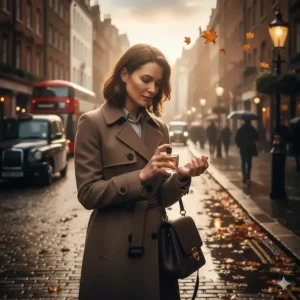 A person wearing a thick trench coat applying cedar perfume to their wrist before heading out into a crisp London autumn afternoon.