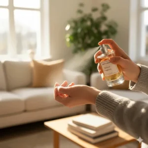 A person in a cosy grey jumper applying a budget patchouli fragrance to their wrist in a bright UK living room.