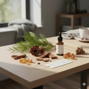 Detailed botanical illustration of Atlas cedarwood branches and cones used as base notes in autumnal perfumes.