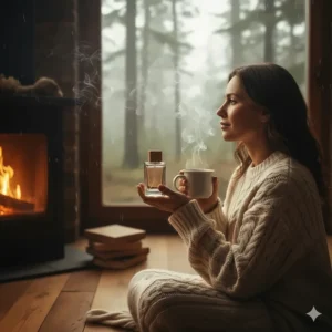 An illustration of a woman in a woolly jumper, suggesting cedarwood as a cosy, fresh scent for British winters.