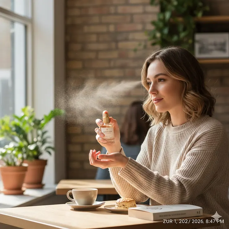 A stylish woman in a minimalist London café lightly spraying a beginner friendly oud perfume for women on her wrist while enjoying a quiet moment. beginner friendly oud perfume women