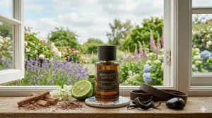 An amber-hued bottle of bergamot and sandalwood perfume amongst wood shavings, perfect for a warm summer evening.