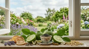 A selection of raw fragrance ingredients including bergamot, dried jasmine, and Earl Grey tea leaves on a sunlit surface.
