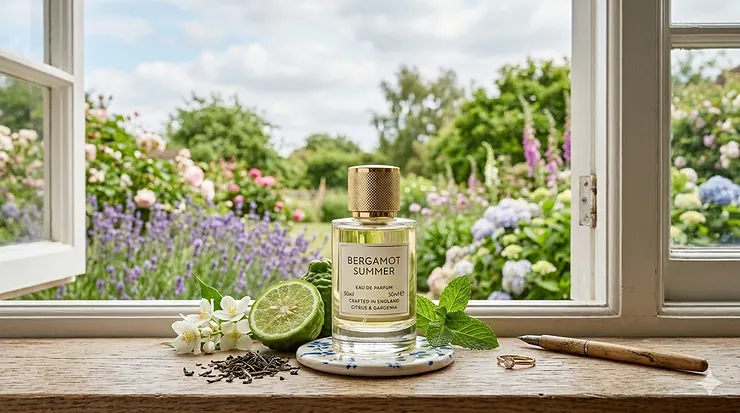 A bottle of luxury bergamot perfume on a sunlit oak windowsill overlooking a blooming British garden in summer. bergamot perfume for summer