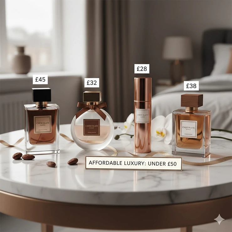 A collection of affordable chocolate perfumes for women priced under £50 on a marble vanity table. chocolate perfume women under £50
