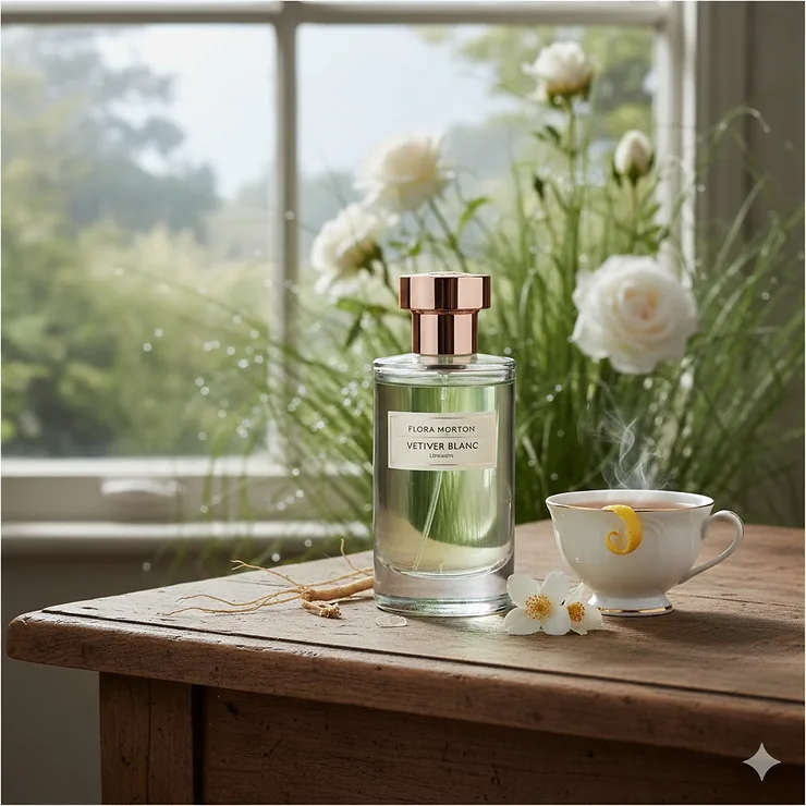 A bright, airy photograph of a woman’s glass perfume bottle nestled among green vetiver grass and white florals, representing the best fresh vetiver scents for women. fresh vetiver perfume women