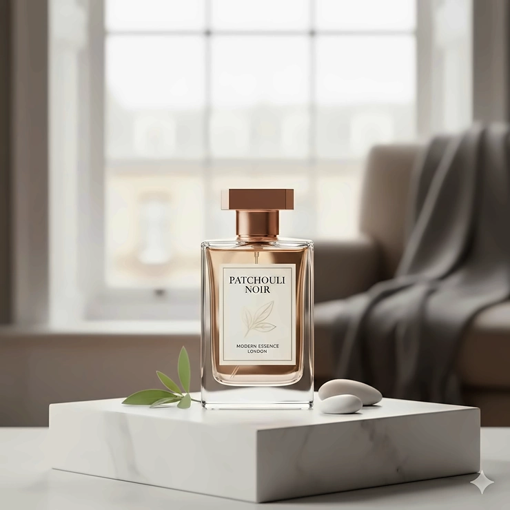 A luxury glass bottle of modern patchouli perfume on a white marble plinth, showcasing a sophisticated and elegant scent profile for a contemporary British wardrobe. modern patchouli perfume not hippie