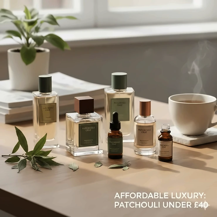 A collection of affordable patchouli perfumes for men and women, all priced under £40, displayed on a wooden table with a cup of tea. patchouli fragrance under £40