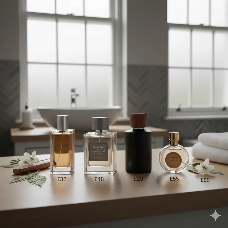 A curated selection of affordable sandalwood perfumes and aftershaves priced under £55 on a wooden vanity. sandalwood fragrance under £55