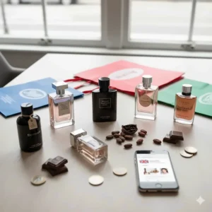 A flat lay of chocolate perfumes on a table with British shopping bags and a smartphone showing UK deals.