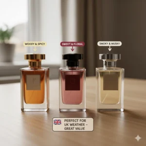 Three different perfume bottles under £70 compared for value, scent profile, and British weather suitability.