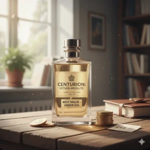 A high-quality bottle of vetiver absolute cologne on a desk next to a stack of British pound coins, representing great value for under £50.