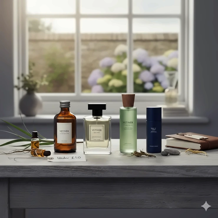 A curated selection of premium vetiver fragrance bottles displayed on a wooden table with a soft-focus view of a British garden through the window. vetiver fragrance under £50
