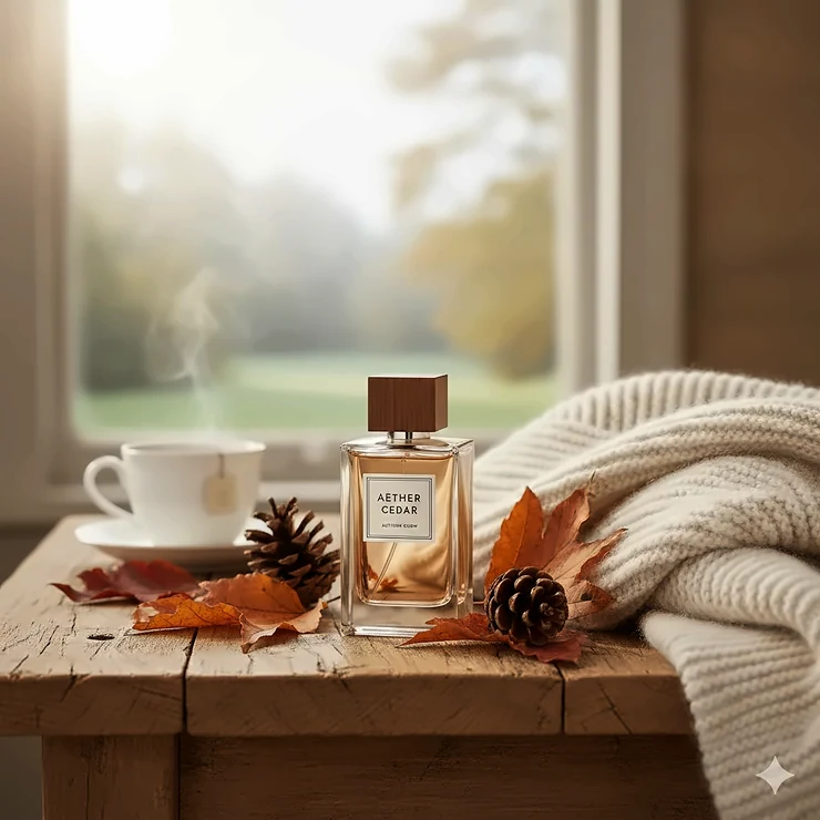 A luxury glass bottle of cedar perfume placed on a rustic wooden table, surrounded by orange autumn leaves and a soft woollen jumper in a cosy British home setting. cedar perfume for autumn