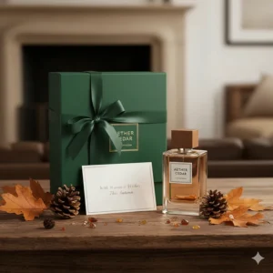 An elegantly wrapped cedar perfume gift box featuring a forest-green ribbon, perfect for autumn birthdays or early Christmas shopping in the UK.