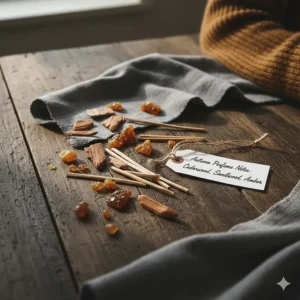 A flat-lay diagram showing cedar wood chips alongside amber resin and sandalwood sticks, representing common autumn fragrance layers.
