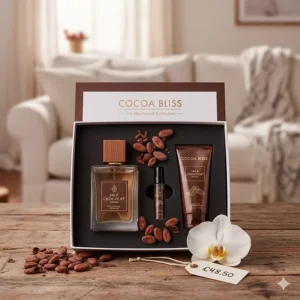A chocolate fragrance gift set for women including a bottle and body lotion, priced under the £50 budget.