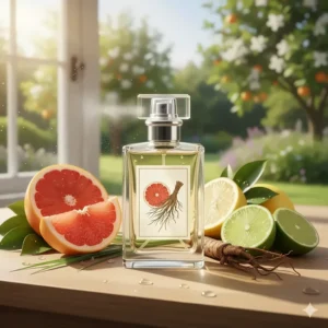 A fresh vetiver perfume bottle surrounded by sliced grapefruit, lemons, and limes on a wooden surface in a bright, sunlit room.