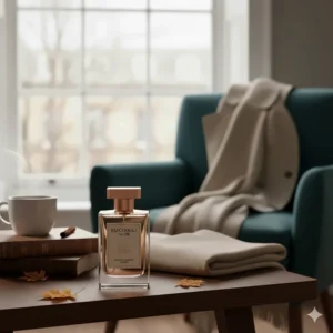 A cosy British autumn scene with a trench coat, wool scarf, and a bottle of warm, refined patchouli fragrance.