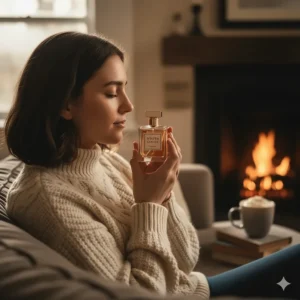A woman in a cream cable-knit jumper enjoying the scent of a chocolate perfume by a warm fireplace.