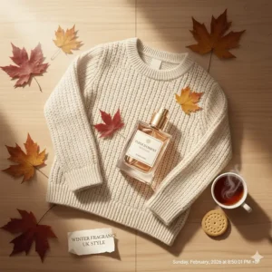 A cosy autumn scene in the UK featuring a cream wool jumper, a hot cup of tea with a biscuit, and a bottle of beginner friendly oud perfume for women.