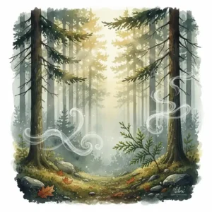 A watercolour-style illustration of a misty forest morning, evoking the crispness of a fresh cedarwood perfume.