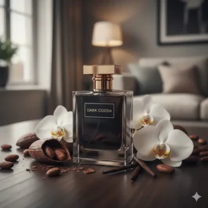 A bottle of dark chocolate and vanilla fragrance surrounded by cocoa beans and white orchids.
