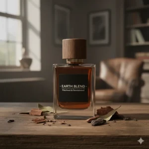 An earthy patchouli and sandalwood fragrance bottle with a wooden cap, priced under £40 for the UK market.